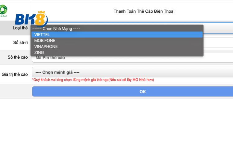 Lựa chọn mệnh giá và nhà mạng mà mình muốn thanh toán