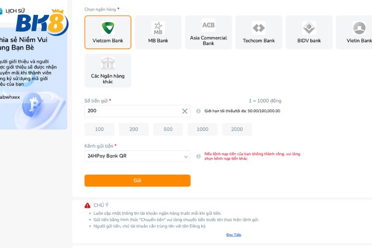 Lựa chọn ngân hàng để thực hiện BK8 nạp tiền